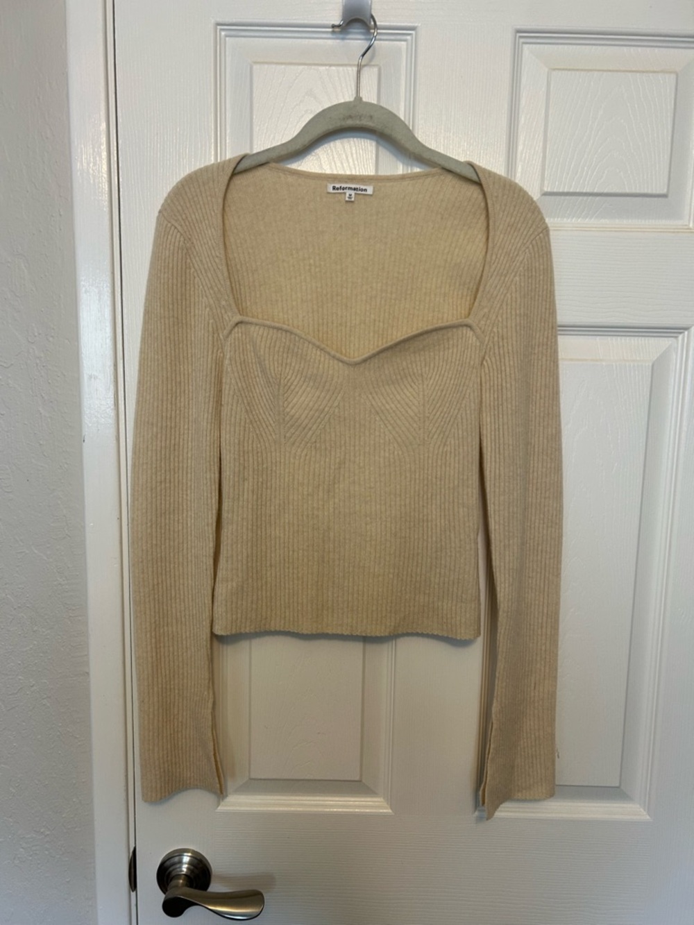 Reformation Cream Ribbed Sweetheart Scoop Neck Sweater